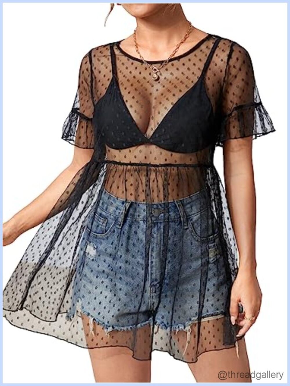 Women's Polka Dots Sheer Mesh Ruffle Hem Mini Dress Short Sleeve High Waist